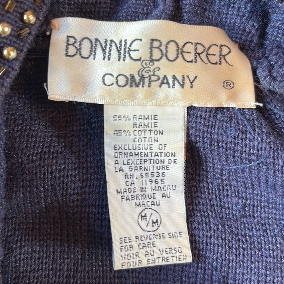 Vtg 80s Bonnie Boerer & Company Beaded Navy Blue Cowl Neck Sweater - Picture 2 of 9